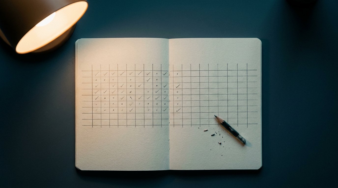 An open notebook on a dark desk under a lamp, its hand-drawn grid of days partly filled with pencil ticks